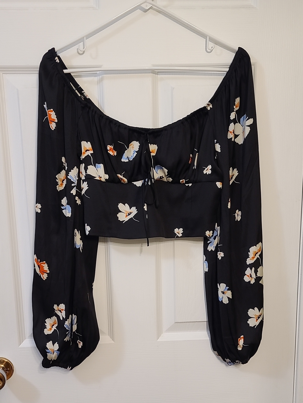 Dynamite Black Floral Off-Shoulder Long Sleeve Crop Top Japanese Inspired